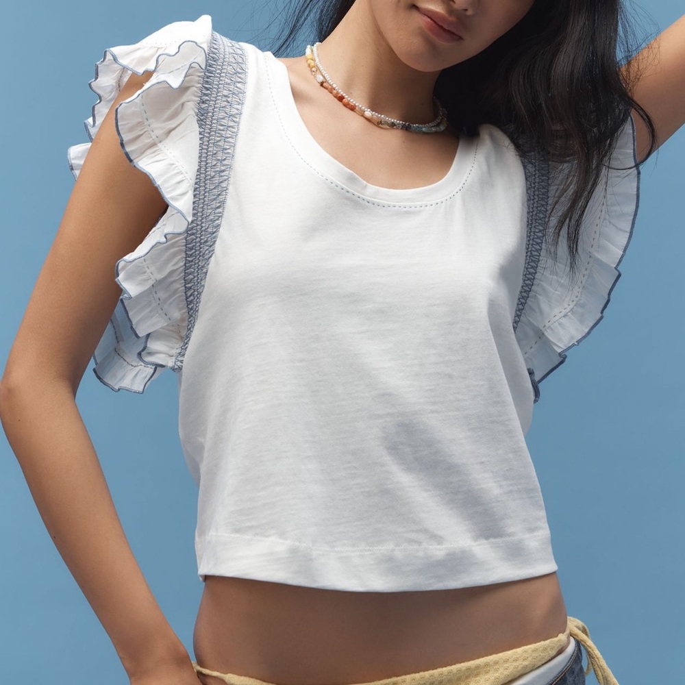 Anthropologie Smocked Flutter-Sleeve Tee White Blue Short-Sleeve Crop New Medium